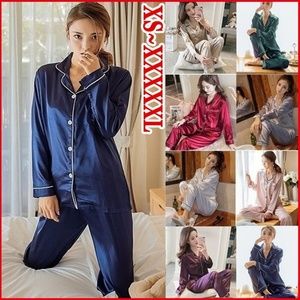 New Elegant Ladies Silk Satin Pajama Set Long Slee